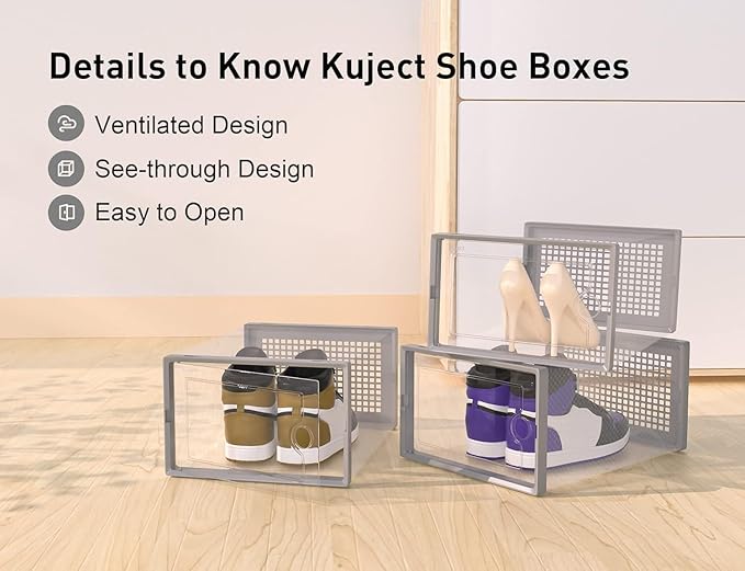 Kuject X-Large Shoe Storage Boxes Organizers Clear Plastic Stackable 12 Pack, Shoe Rack & Holder Substitute, Sneaker Containers, Toy Storage Organizer Bins for Entryway, Closet, Under Bed, Blue