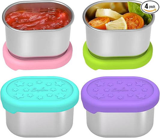 SOPHICO Stainless Steel Salad Dressing Condiment Containers with Leakproof Silicone Lids, 3 oz Mini Sauce Container and Portion Bento Box of Kids Lunch to Go for Snack, Dessert (MIX, 4 PACK)