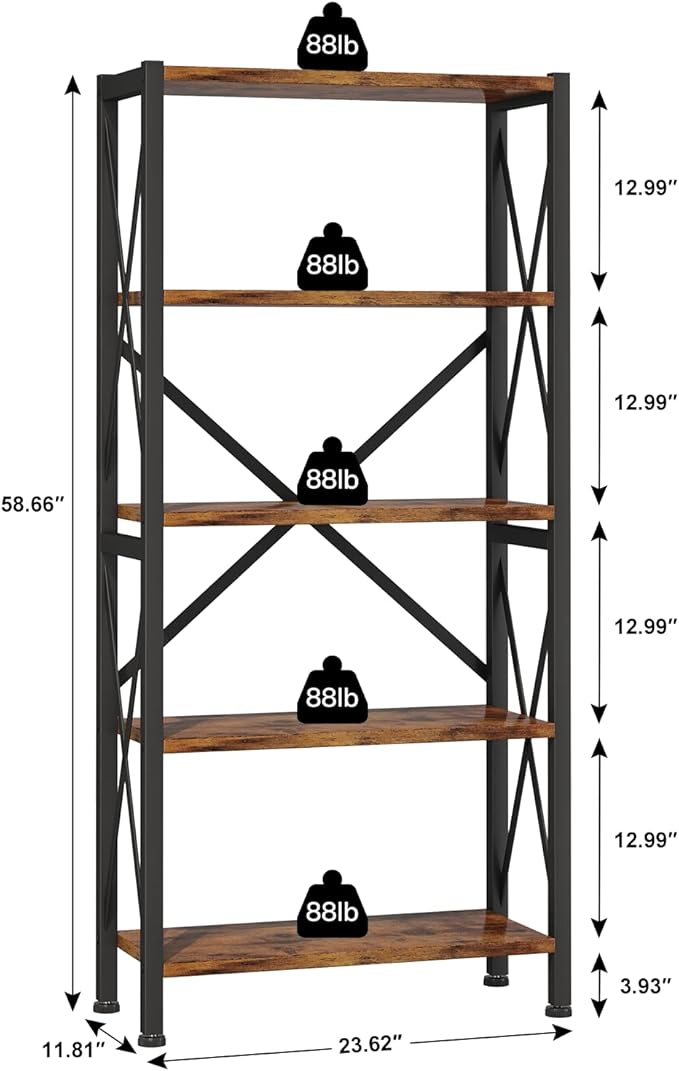 Homeiju 5-Tier Bookshelf,Wood Bookcase,Book Shelf with Steel Frame, Storage Rack with Open Shelves, Rustic Standing Bookshelves Ladder Shelf 110lbs/shelf for Bedroom,Living Room and Home Office