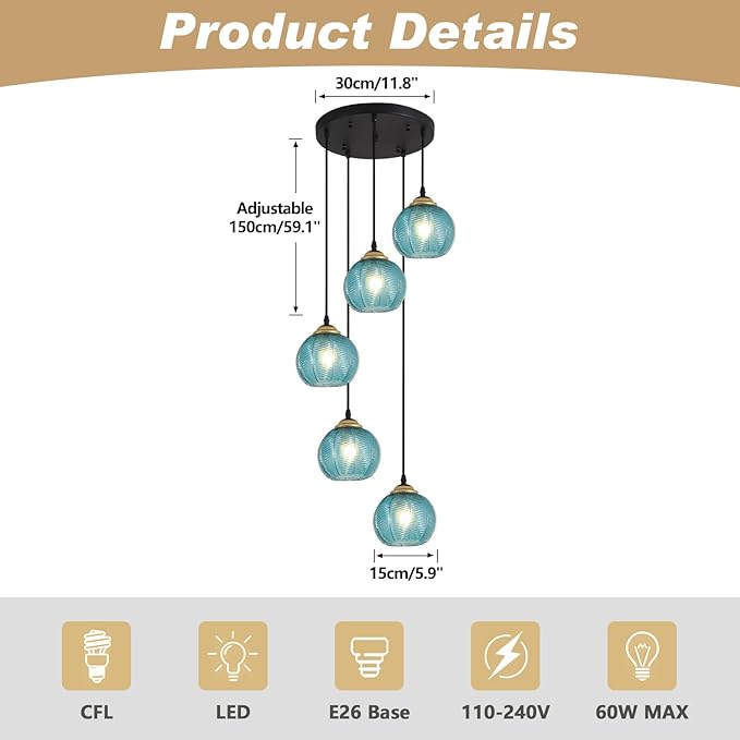 KCO Lighting Modern Blue Glass Chandelier Globe Cluster Pendant Light Black and Gold Kitchen Pendant Lighting Nordic Ribbed Glass Pendant Light Large Round Chandelier