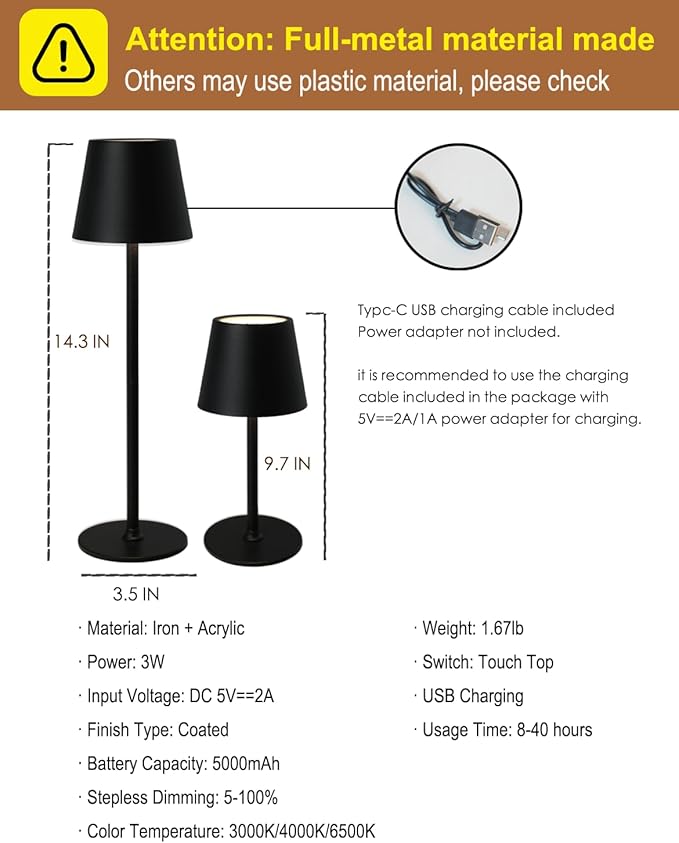 Cordless Table Lamp, Rechargeable Table Lamp with Touch Dimmable Control, Portable LED Desk Lamp for Indoor Patio (Black-Round, 2)