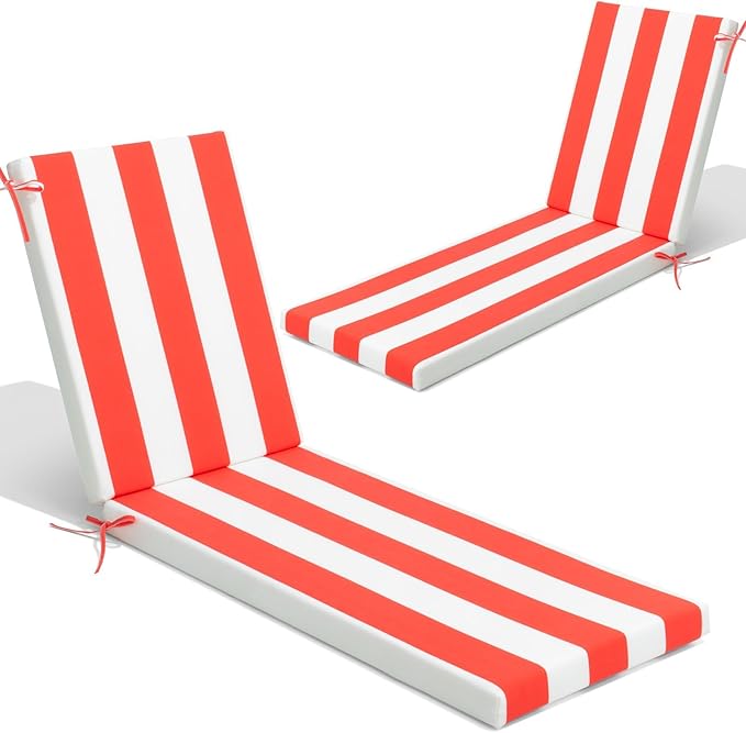 Crestlive Products Chaise Lounge Cushions Set of 2, Outdoor Cushions for Patio Furniture, Water Resistant Lounge Chair Cushion for Pool, Deck, Lawn, 80''L x 23''W, Red White Stripe