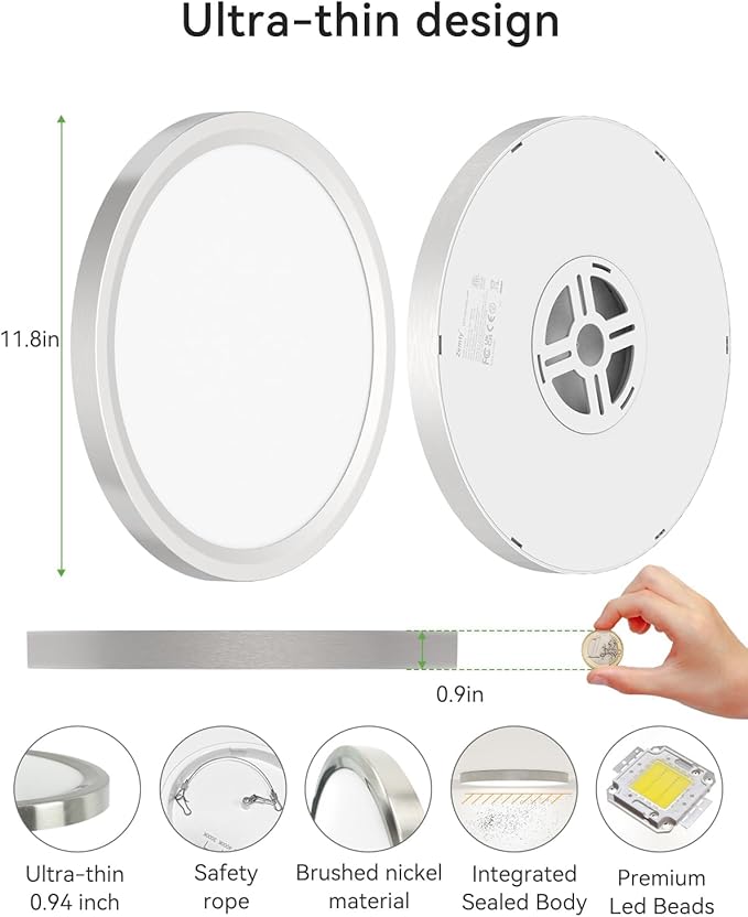 zemty Silver Flush Mount Ceiling Light - Super Thin 12In 28W 3200lm Brushed Nickel LED Ceiling Light with 3 Color Temperature 3000K/4500K/6000K - Low Profile Light Fixture for Kitchen Bathroom,2Pack