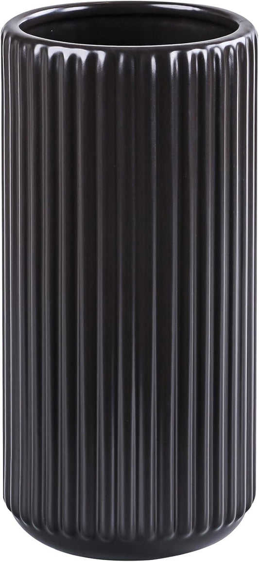 Black Ceramic Flower Vase for Pampas Grass, 10 inch Large Decorative Centerpiece Ribbed Vase for Dining Table, Office Desktop, Shelf Bookshelf, Mantel, Entryway, Bathroom, Countertop, Farmhouse, Gift