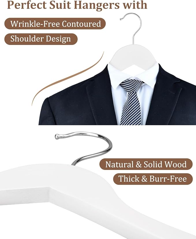 AMKUFO Wooden Hangers 20 Pack Wood Suit Hangers Non Slip Wooden Coat Hangers with Smooth Fnish Cut Notches 360° Swivel Hook Clothes Hangers for Jeans Pants Jackets Shirts Dresses, White