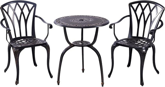 C/G Bistro Set 3 Piece Outdoor Cast Aluminum Patio Bistro Set with Umbrella Hole and Armrests,Outdoor Bistro Table Set,Patio Furniture Set Front Porch Set for Yard Garden Villa (Copper)