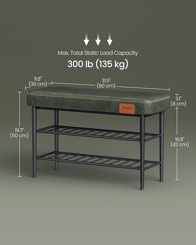 VASAGLE EKHO Collection - Shoe Rack Bench, Storage Bench for Entryway, Synthetic Leather with Stitching, Mid-Century Modern, Loads 300 lb, 11.8 x 31.5 x 19.7 Inches, Forest Green ULSB054C01