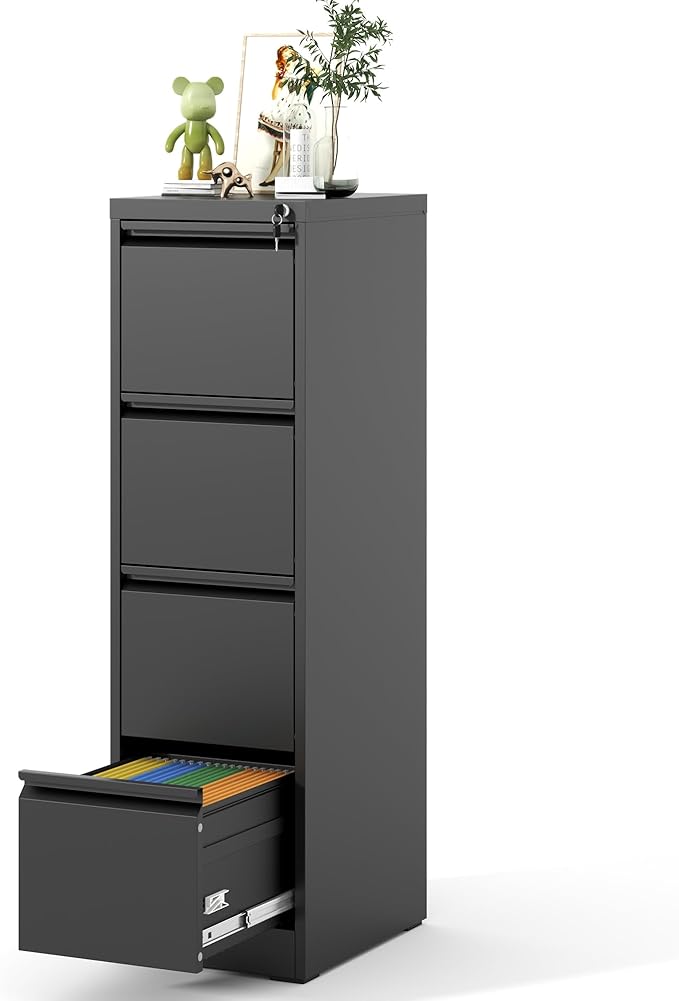 File Cabinet, Vertical File Cabinets with Lock for Home Office,Heavy Duty Office Steel Filing Cabinet for Hanging Letters/Legal/A4, Assembly Required (Black, 4 Drawers)