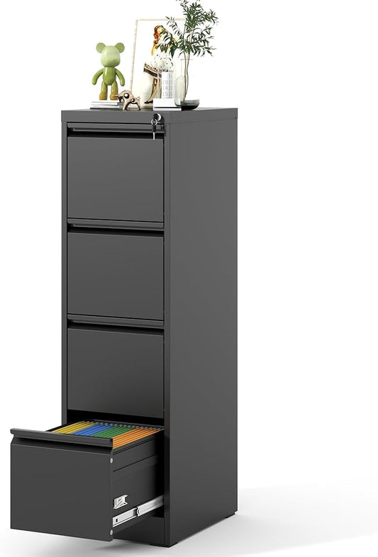 File Cabinet, Vertical File Cabinets with Lock for Home Office,Heavy Duty Office Steel Filing Cabinet for Hanging Letters/Legal/A4, Assembly Required (Black, 4 Drawers)