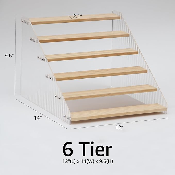 nianfeng Tiered Spice Rack, 6-Tier Spice Pantry Kitchen Cabinet Organizer, 12-Inch, Natural Wood Acrylic Stair Riser Stand, Countertop Seasoning Shelf