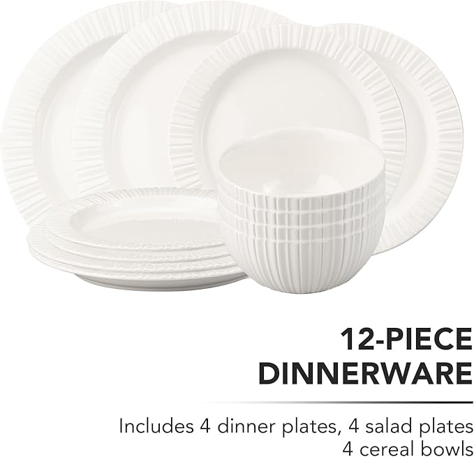 MDZF SWEET HOME 12-Piece White Ceramic Dinnerware Set - Rhine Series, Service for 4, Includes Bowls, Flat & Deep Plates, Microwave & Dishwasher Safe