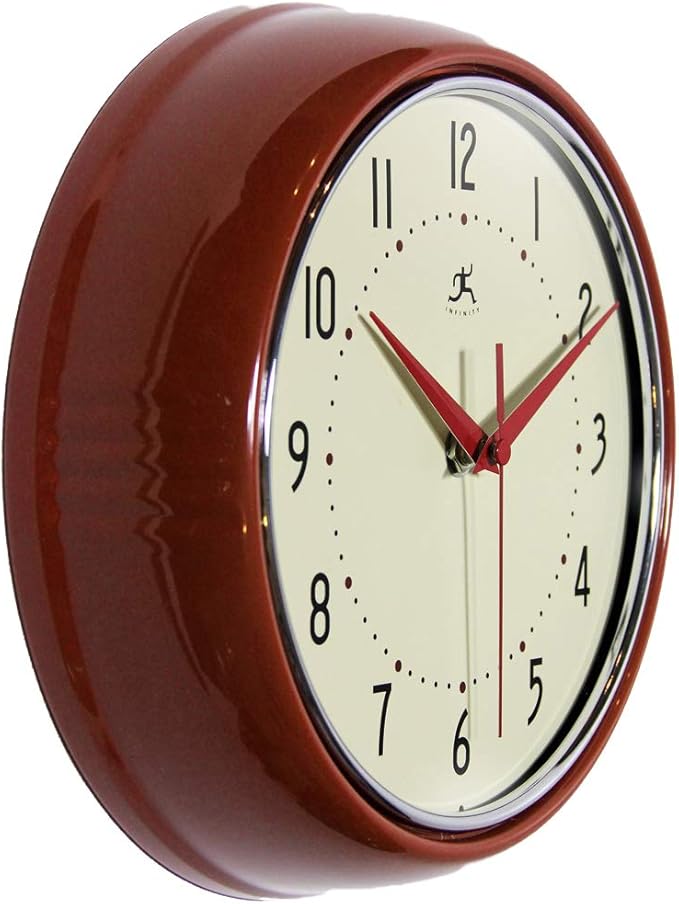 Infinity Instruments LTD. Retro 9 inch Silent Sweep Non-Ticking Mid Century Modern Kitchen Diner Wall Clock Quartz Movement Retro Wall Clock Decorative (Red)…