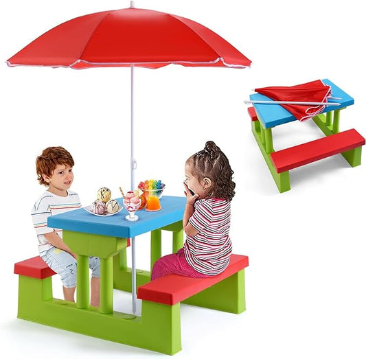 Kids Picnic Table, Toddler Picnic Table with Removable & Foldable Umbrella, Plastic Children Patio Furniture for Garden Backyard, Kids Outdoor Table, Red, Blue & Green
