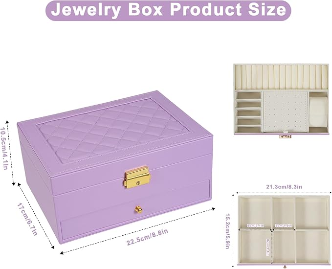2-Layer Jewelry Box for Women Girls, Jewelry Organizers and Storage with Removable Jewelry Tray, Vintage Quilted Top Lockable Jewelry Holder Gift Idea Light Purple