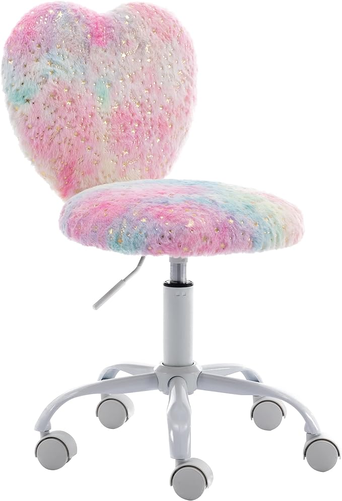 Small Kids Chair, Cute Heart Girls Desk Chair, Rolling Study Chairs Furry Pink Computer Chairs, Faux Fur Swivel Vanity Chairs for Children Bedroom/Study, Colorful