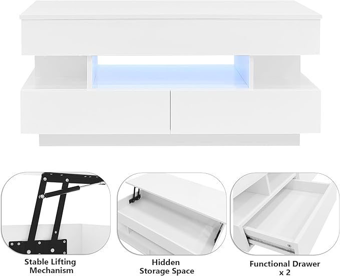 Modern High Gloss LED Coffee Table 39.3-Inch Multi-Functional Lift-Top Center Table with Hidden Storage Space, 2 Drawers for Small Spaces Living Room， White