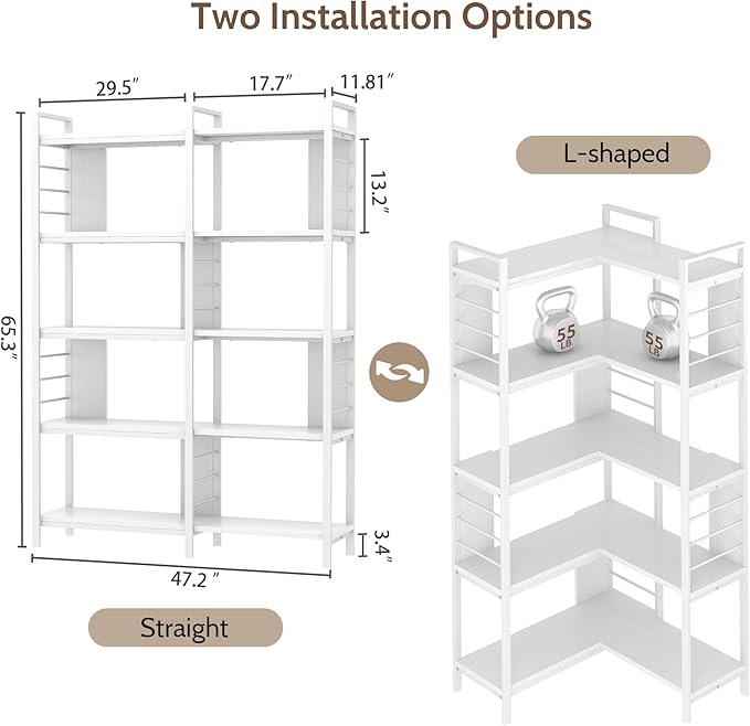 5 Tier Corner Bookshelf, Reversible Corner Shelf, Industrial Wooden Display Book Shelf Stand, L-Shaped Etagere Bookcase with Storage Shelves and Metal Frame for Living Room, Bedroom, Home Office