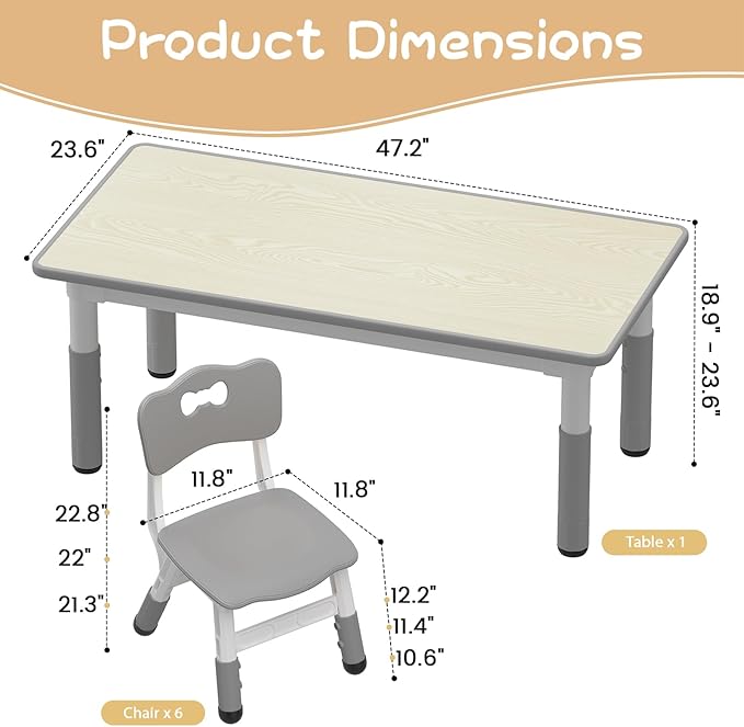 GAOMON Kids Table and 6 Chairs Set, Height Adjustable Toddler Table and Chair Set for Ages 2-10, Graffiti Desktop, Non-Slip Legs, Children Activity Table for Daycare Classroom Home