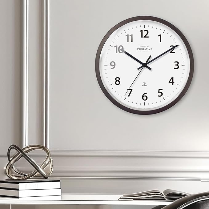 Presentime & Co 12" Atomic Wall Clock, Silent no Ticking, Automatically Sets Itself and Adjust to Daylight Saving Time by WWVB - Oil Rubbed Bronze Finish. (Home Office)