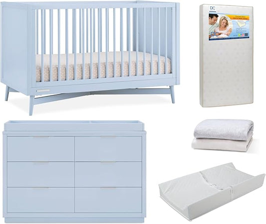 Delta Children Dylan Crib 6-Piece Baby Nursery Furniture Set–Includes: Convertible Crib, Dresser, Changing Top, Crib Mattress, Fitted Sheets & Changing Pad, Cloud Blue