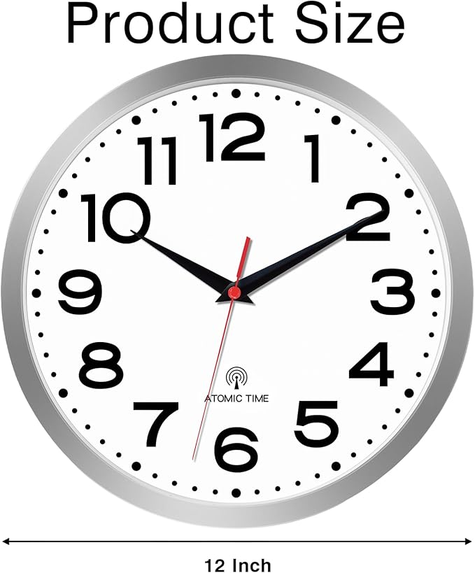 Atomic Wall Clock 12 Inch, Modern Clock Battery Operated Classic Analog Decorative for Kitchen, Living Room, Office, Bedroom, Bathroom (Silver)