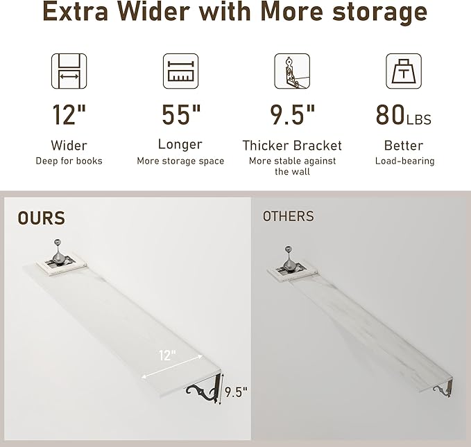 Deep Floating Shelves, 55" W x 12" D Wall Shelves Set of 2, Wide Display Shelf Wall Mounted with Brackets, Bookshelf for Living Room, Bathroom, Bedroom, White