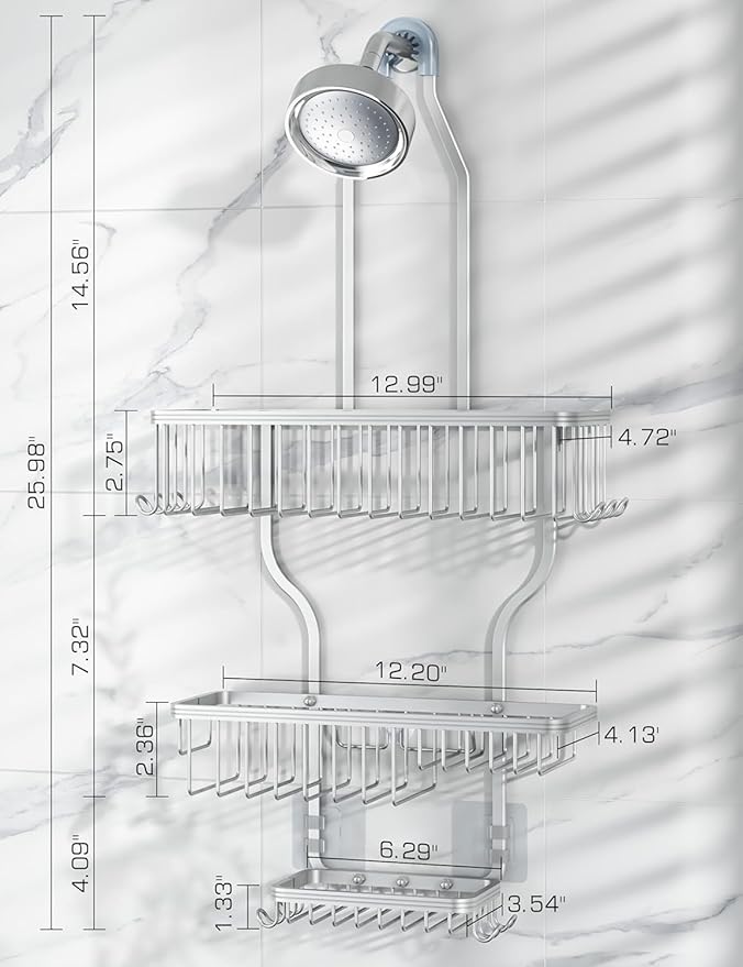 YASONIC Shower Caddy Hanging - Never Rust Shower Organizer - Aluminum Over The Head Caddy with 10 Hooks for Razor/Sponge - Rack with Soap Basket - Silver