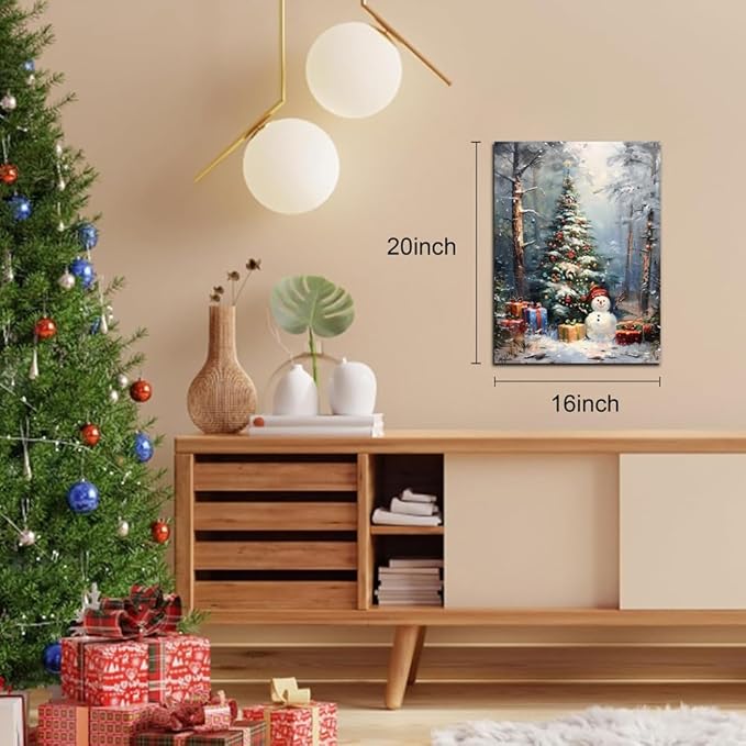 Christmas Wall Art Winter Pine Tree Canvas Pictures Wall Decor Snowman Romantic Christmas Snowman Poster Xmas Tree Prints Painting for Holiday Gifts, for Living Room Bedroom Bathroom Decortions 16x20inch