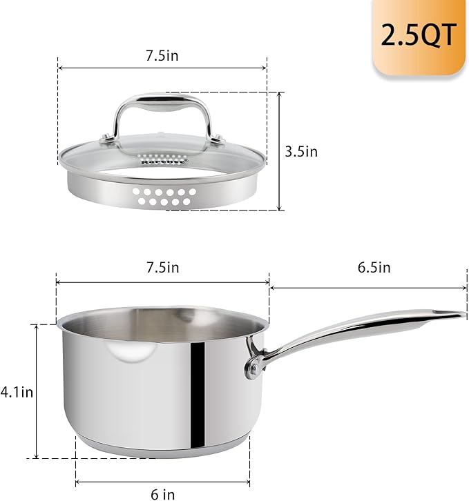 Rorence Stainless Steel Sauce pan: Saucepan with Pour Spouts, Capsule Bottom & Tempered Glass Lid - 2.5 Quart