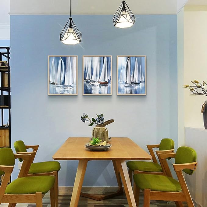 Wall Decorations For Living Room Natural Wood Framed Wall Art For Bedroom Office Wall Decor Wall Hanging Decor Abstract Seascape Sailboat Artwork For Wall Painting Print Pictures Home Decor 3 Piece