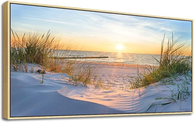 MHARTK66 Natural Wood Framed Wall Art for Living Room Modern Wall Decor for Bedroom Office Decor Beach Landscapes Painting Canvas Art Prints Ready to Hang Wall Pictures Blue Ocean Artwork 20" X 40"