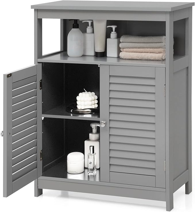 COSTWAY Bathroom Storage Cabinet, Wooden Side Storage Organizer with Louver Doors & Removable Shelf, Freestanding Floor Cabinet for Living Room, Kitchen, Entryway (Grey)