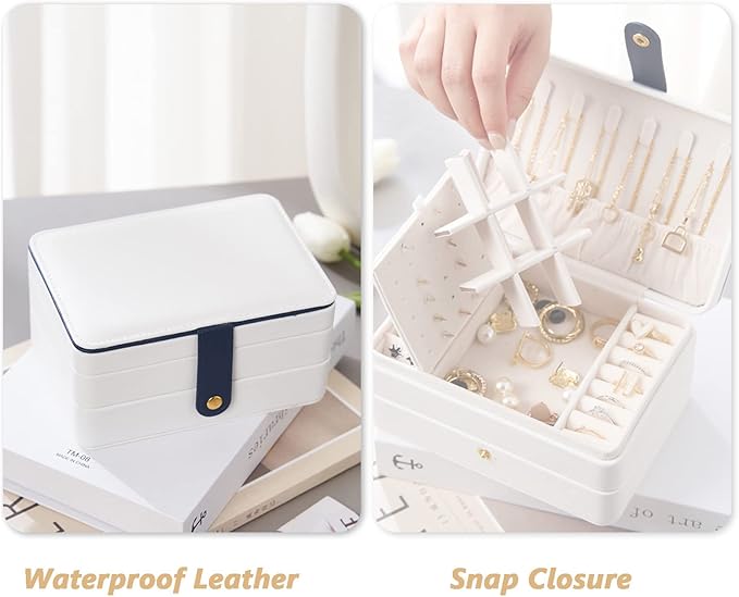 KOOAAICCHI Small Jewelry Box, Travel Jewelry Organizer, Portable Jewelry boxes for Women Girls Gift, Double Layers PU Leather Jewelry Holder for Rings, Earrings, Necklaces-White