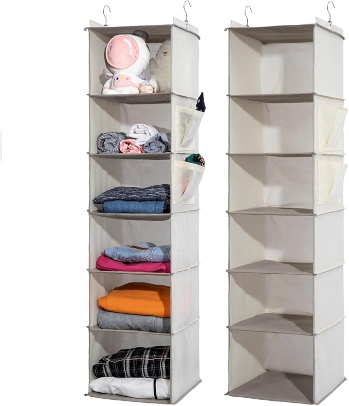 2 Packs Hanging Closet Organizer, 6-Shelf Closet Organizers and Storage with Side Pockets, Collapsible Hanging Shelves for Closet & RV & College Dorm,Beige