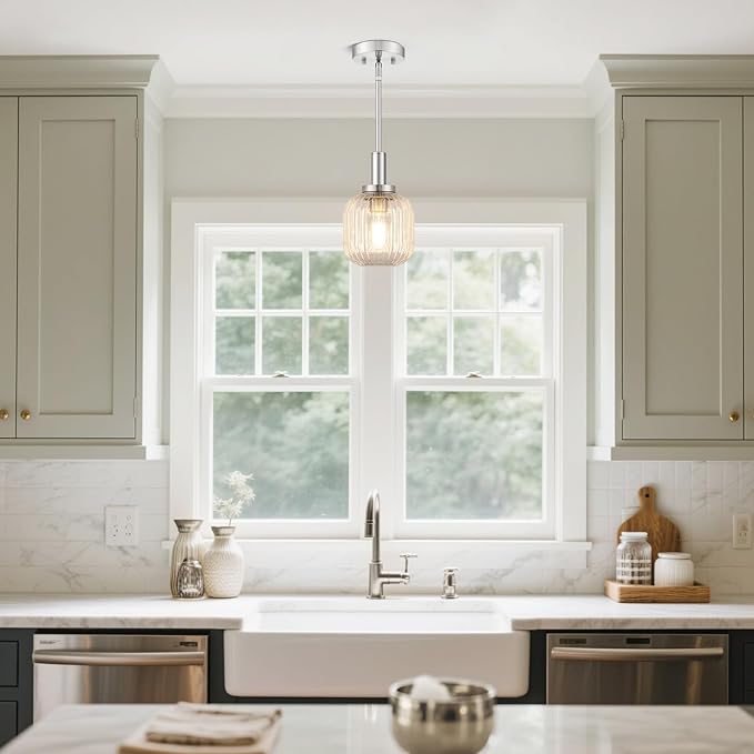 Brushed Nickel Pendant Lights Kitchen Island 2 Pack, 5.9" Modern Glass Pendant Light with Clear Glass and Rods, Mini Hanging Lighting for Kitchen Sink Bathroom Bedroom, OS-YQ7749-2PBN