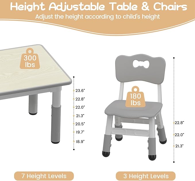 GAOMON Kids Table and 6 Chairs Set, Height Adjustable Toddler Table and Chair Set for Ages 2-10, Graffiti Desktop, Non-Slip Legs, Children Activity Table for Daycare Classroom Home