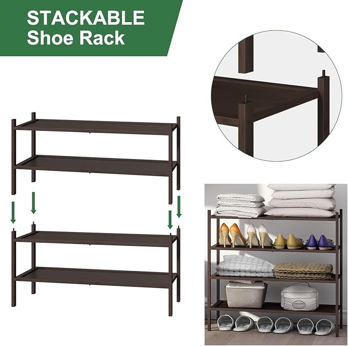 Shoe Rack for Entryway, Bamboo Wood Shoe Rack 4-Tier, Stackable Shoe Organizer for Closet, Free Standing Shoe Racks for Indoor & Outdoor