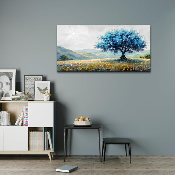 FUHAIHUA Large Wall Decor For Living Room Canvas Wall Art For Office Modern Wall Decorations For Bedroom Pastoral Landscape Painting Blue Tree Pictures Artwork Room Aesthetic Home Decor 24x48 In