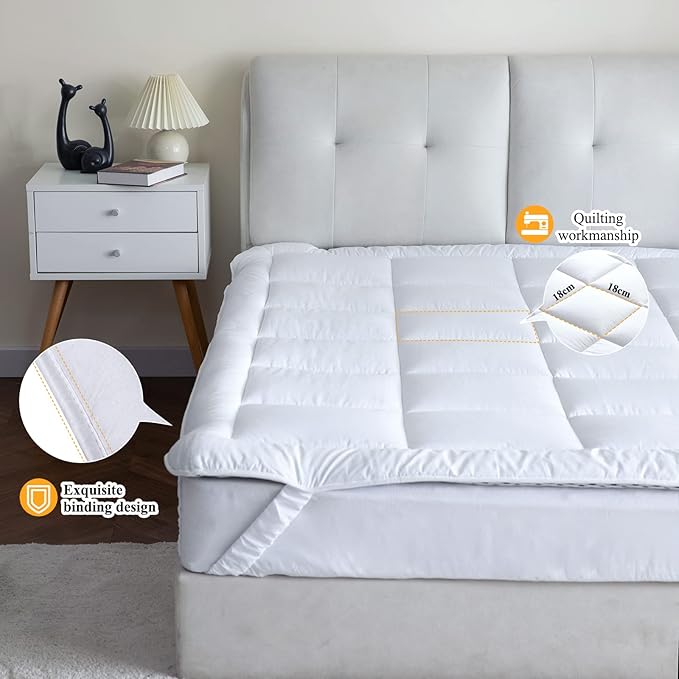 Mattress Pad with 100% Cotton Cover, Down Alternative Bed Pad for Optimum Cushioning & Support, Breathable White Color, Twin XL Size