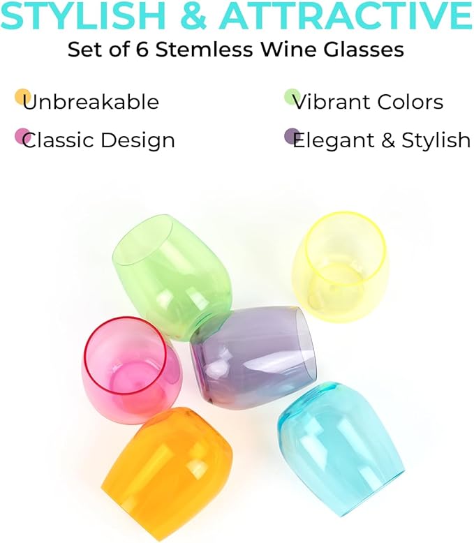 Acrylic Colored Wine Glasses Set of 6 BPA-Free Plastic, Tritan & acrylic Stemless wine glasses- Dishwasher Safe Unbreakable Glass for Indoor & Outdoor Plastic Glass for Wine & Water(Bright)