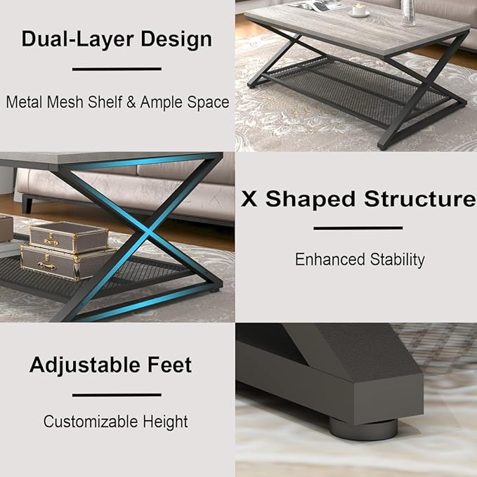 LVB Gray Coffee Table with Storage, Farmhouse Metal Wood 2 Tier Center Table for Living Room, Industrial Wooden Rectangular Concrete Tables with Mesh Shelf for Office Bedroom, 39 inch, Light Grey Oak