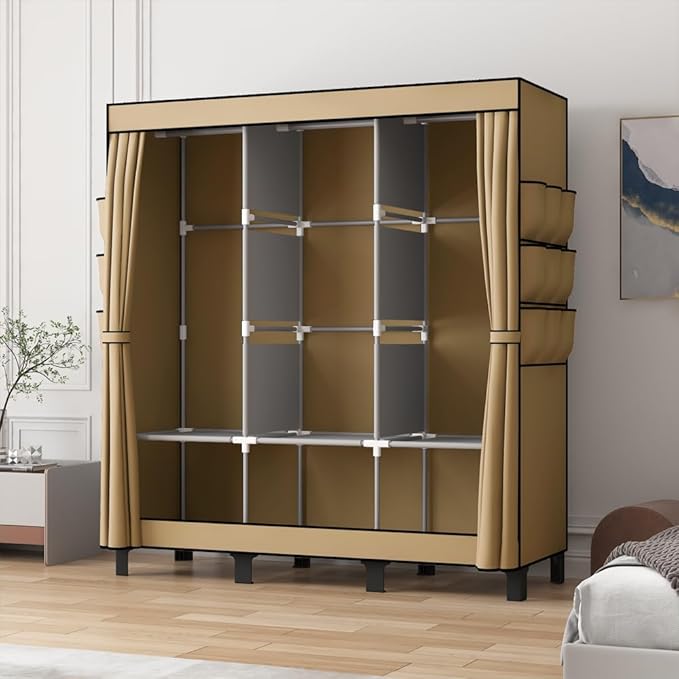 Portable Closet, Clothes Storage Box, Simple Wardrobe for Hanging Clothes, Multiple Shelves and 3 booms,6 Side Pockets (Black)” (Cream Colour, Large)