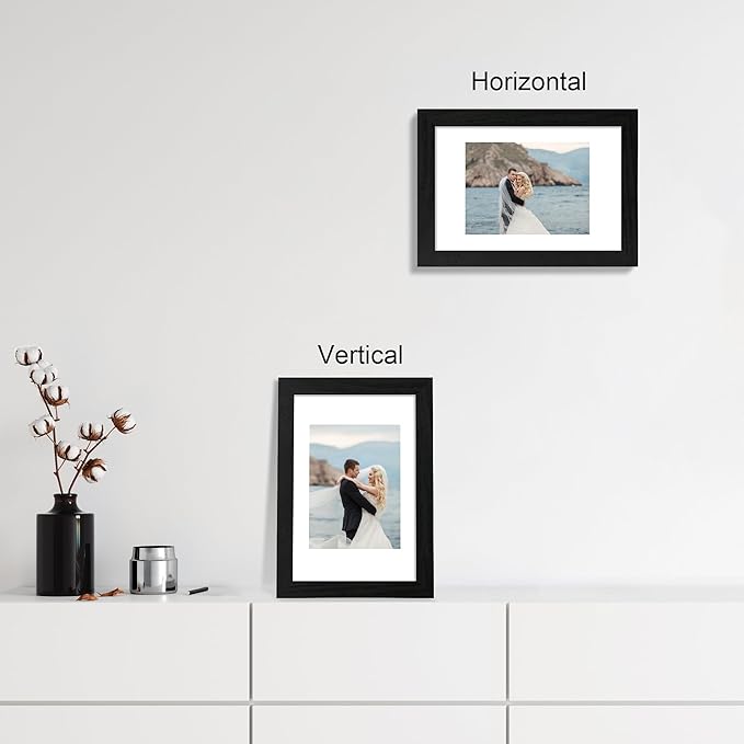 8x12 Picture Frame Set of 4 with HD Glass, Black Frame Display 6x8 Picture with Mat or 8 x 12 Without Mat, Wood Rustic Photo Frame for Tabletop and Wall Mounting