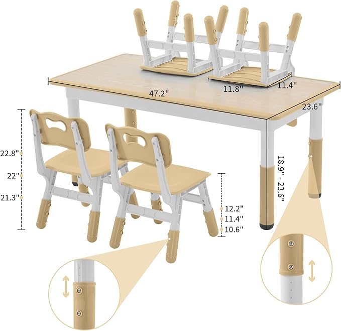 Toddler Table and Chairs Set for 4, 47.2''L x 23.6''W Kids Study Table and Chair Set, Height-Adjustable, Graffiti Desktop, Children Activity Table for Daycare, Classroom, Home