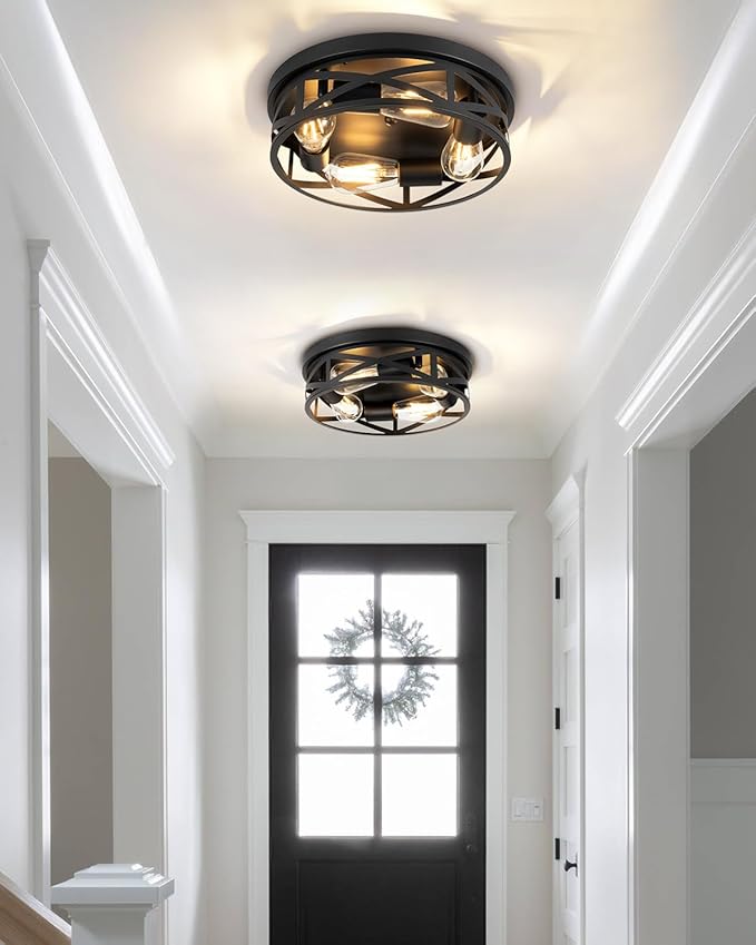 13 Inch Farmhouse Ceiling Light Fixtures, Metal Cage Close to Ceiling Lights 4-Light, Vintage Flush Mount Ceiling Lights for Bedroom Porch Kitchen Entrance, Black