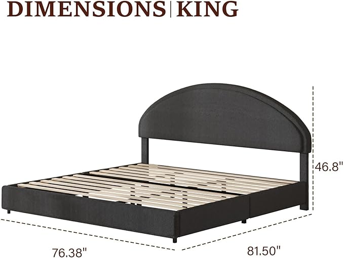 King Size Bed Frame, Upholstered Platform Bed with Headboard, Boucle Bed Frame with Round Conner, No Box Spring Required, Easy Assembly, Dark Grey