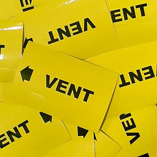 Industrial Pipe Marker Labels, Yellow with Black Text, Directional Arrows Vent + Arrow