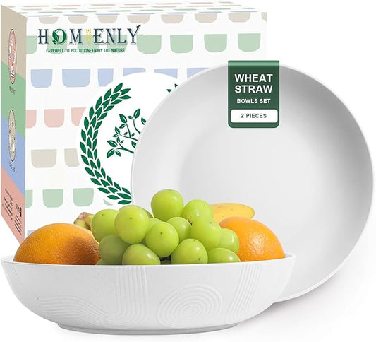 Homienly Wheat Straw Bowls,Large Salad Bowls Set of 2,Big bowls 60 OZ, Unbreakable Serving Bowls, Bowl Plates, Microwave & Dishwasher Safe Bowl Set for Outdoor, Kitchen, Serving, Camping (White)