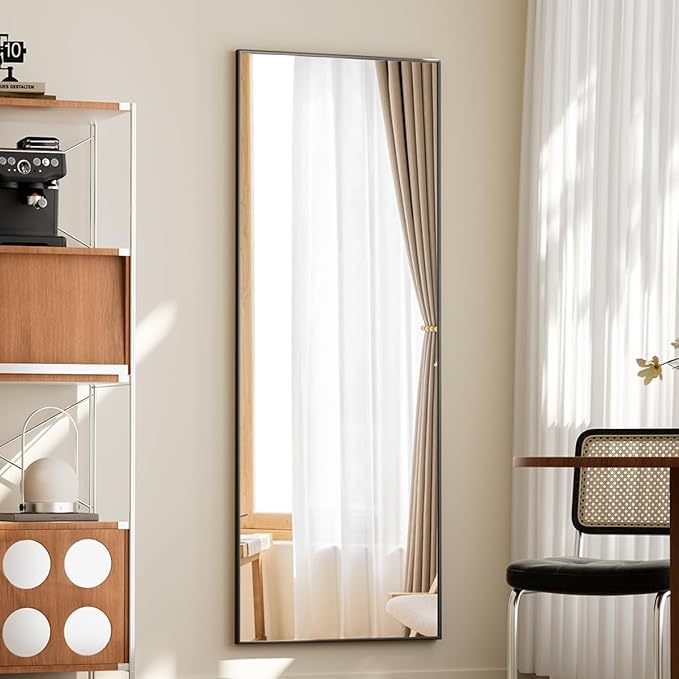 BEAUTYPEAK Full Length Mirror with Stand, 56"x21" Floor Mirror with Aluminum Alloy Thin Frame, ShatterVue Tempered Full Body Mirrors, Free Standing or Wall-Mounted Mirrors for Living Room, Black