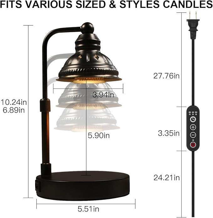 LIDORE Candle Lamp, Candle Warmer Lamp with Timer (Black, USB Charger)